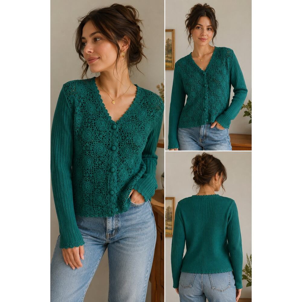 Vintage Ivy Silk Blend Crochet Cardigan Sweater | Teal Floral Open Knit | Medium